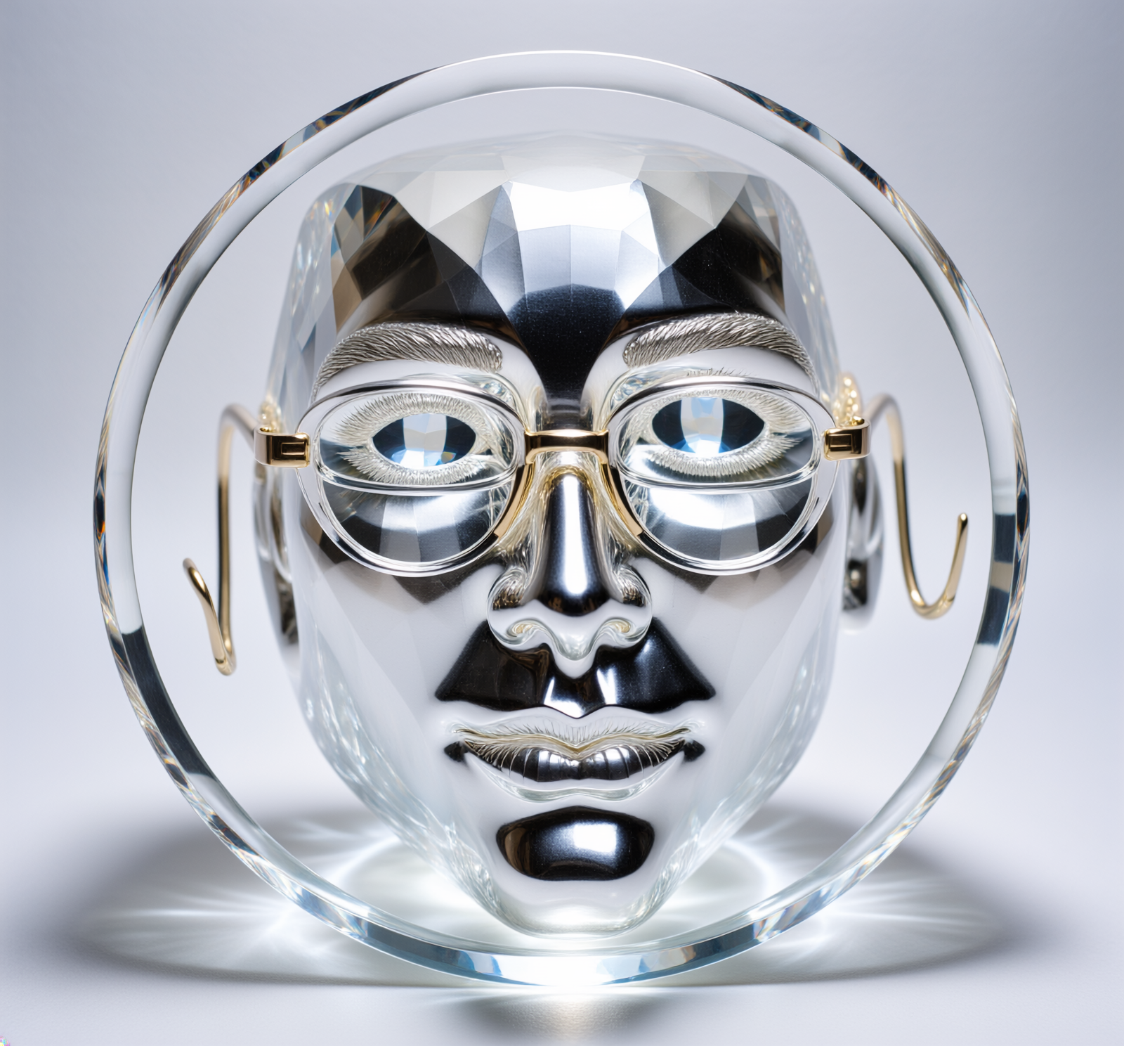 Firefly_ornate Swarovski crystal sculpture of THE FACE, with glasses, caustic light patterns, 634131